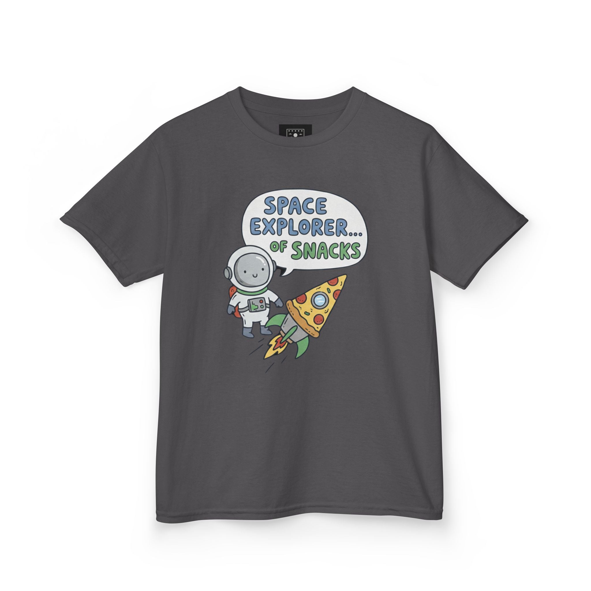 Kids T‑Shirt — "Space Explorer... Snacks" Astronaut & Pizza Graphic Tee