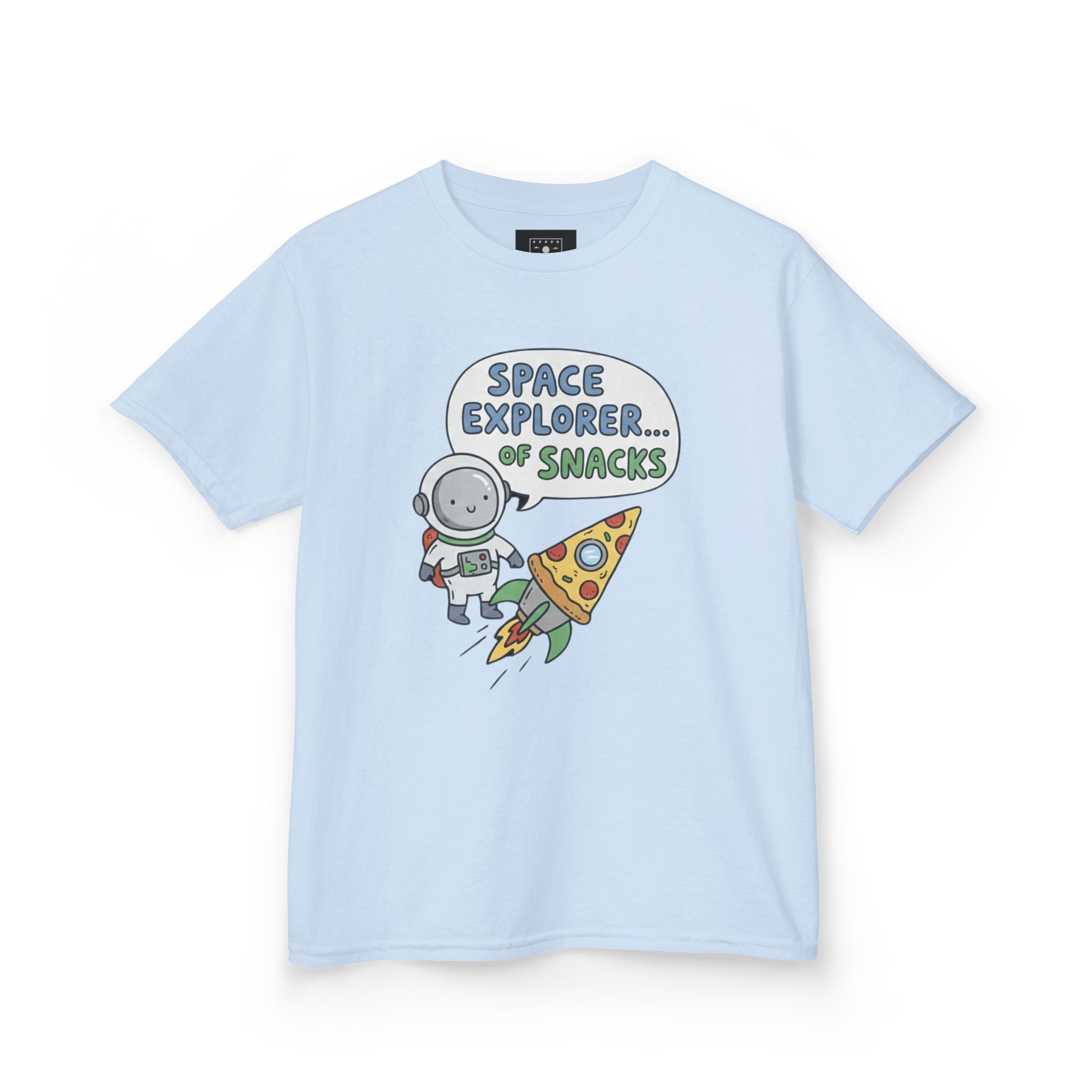 Kids T‑Shirt — "Space Explorer... Snacks" Astronaut & Pizza Graphic Tee