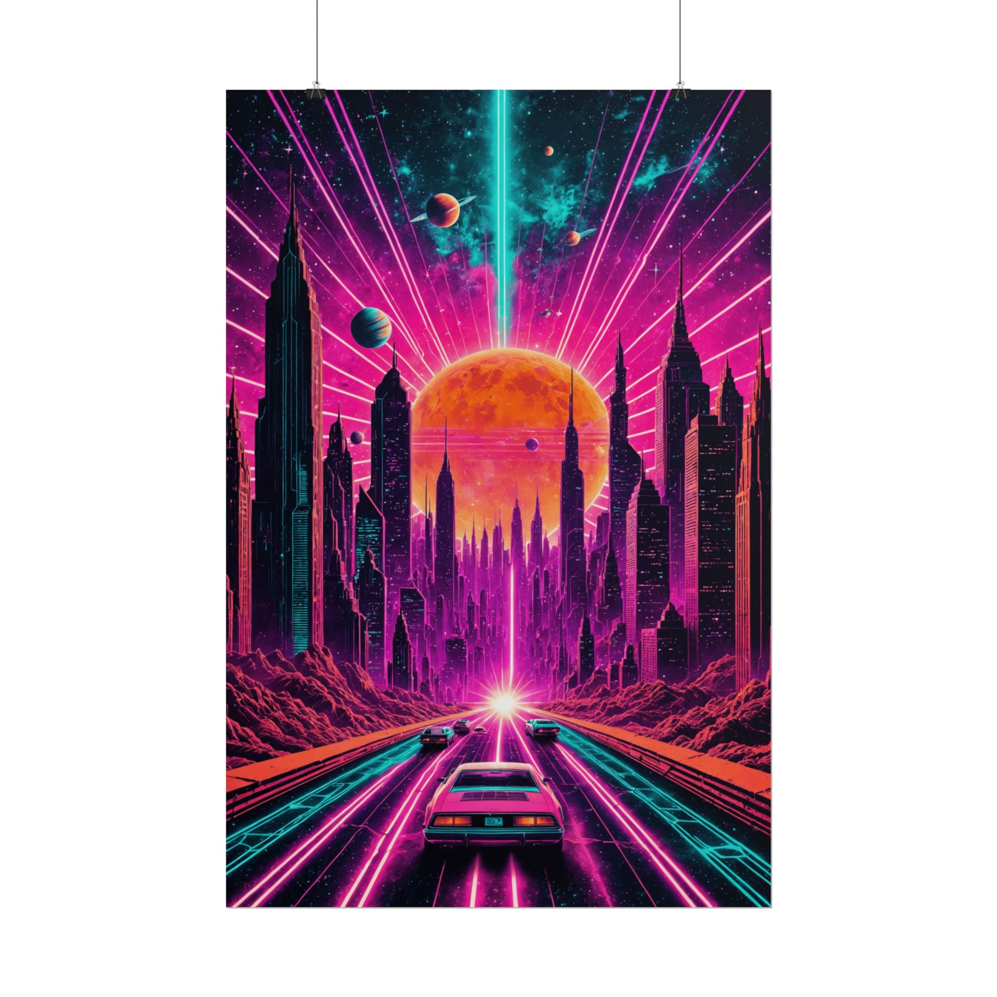 Retro Neon City Drive – Synthwave Cyberpunk Poster, Vaporwave Sci-Fi Wall Art Print