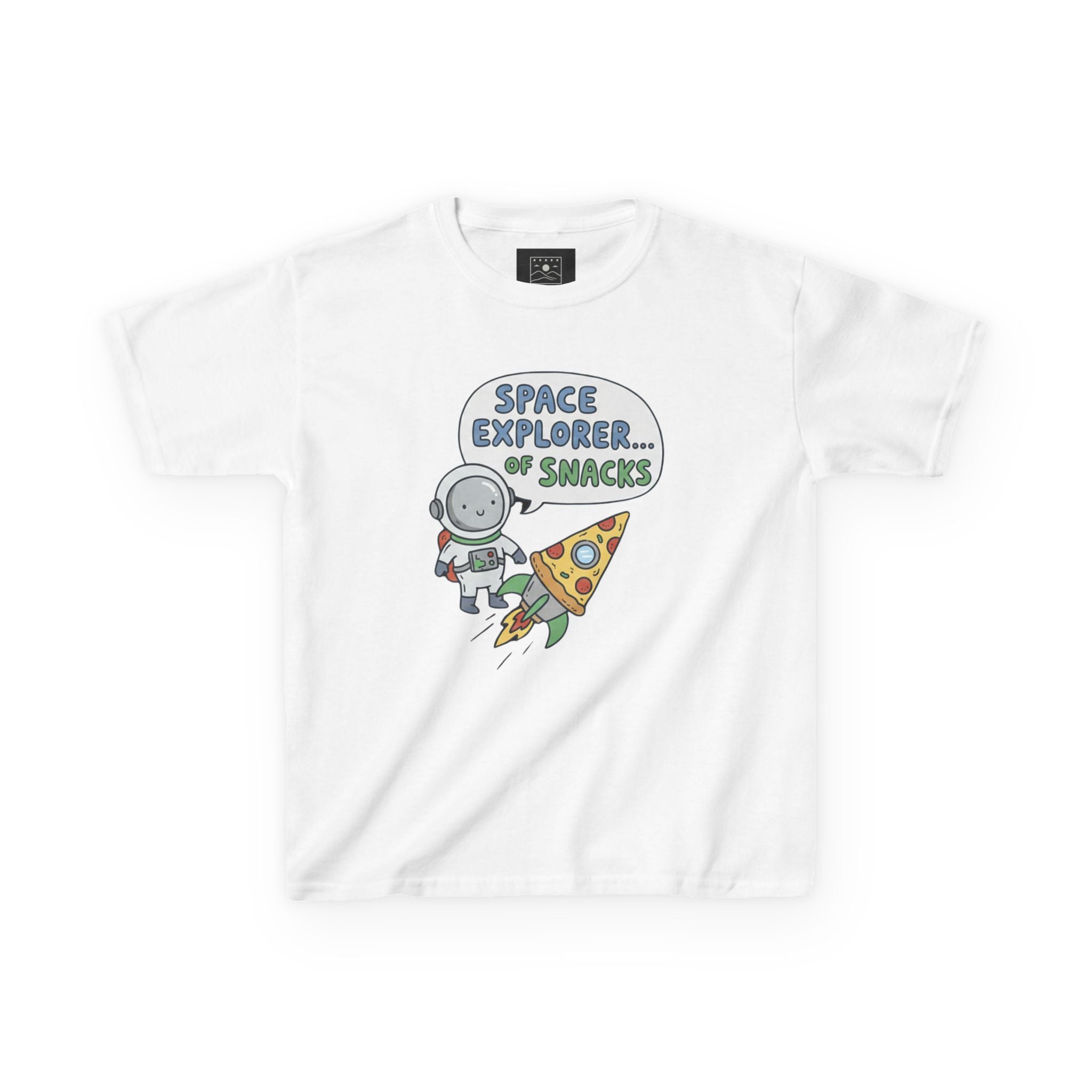 Kids T‑Shirt — "Space Explorer... Snacks" Astronaut & Pizza Graphic Tee