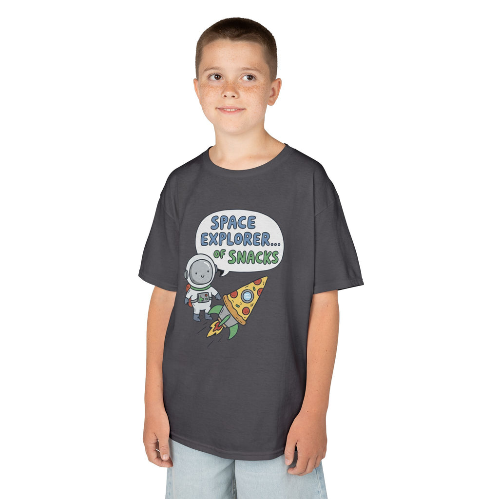 Kids T‑Shirt — "Space Explorer... Snacks" Astronaut & Pizza Graphic Tee