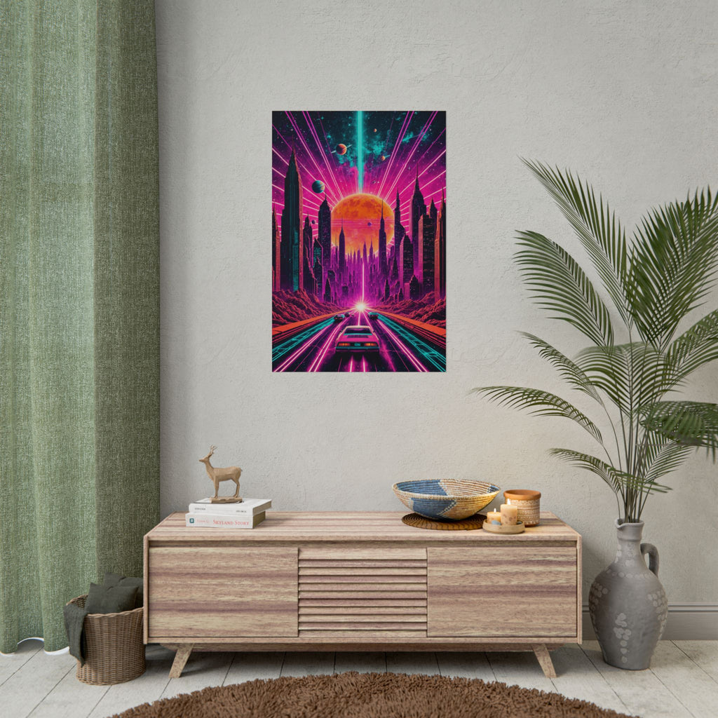 Retro Neon City Drive – Synthwave Cyberpunk Poster, Vaporwave Sci-Fi Wall Art Print