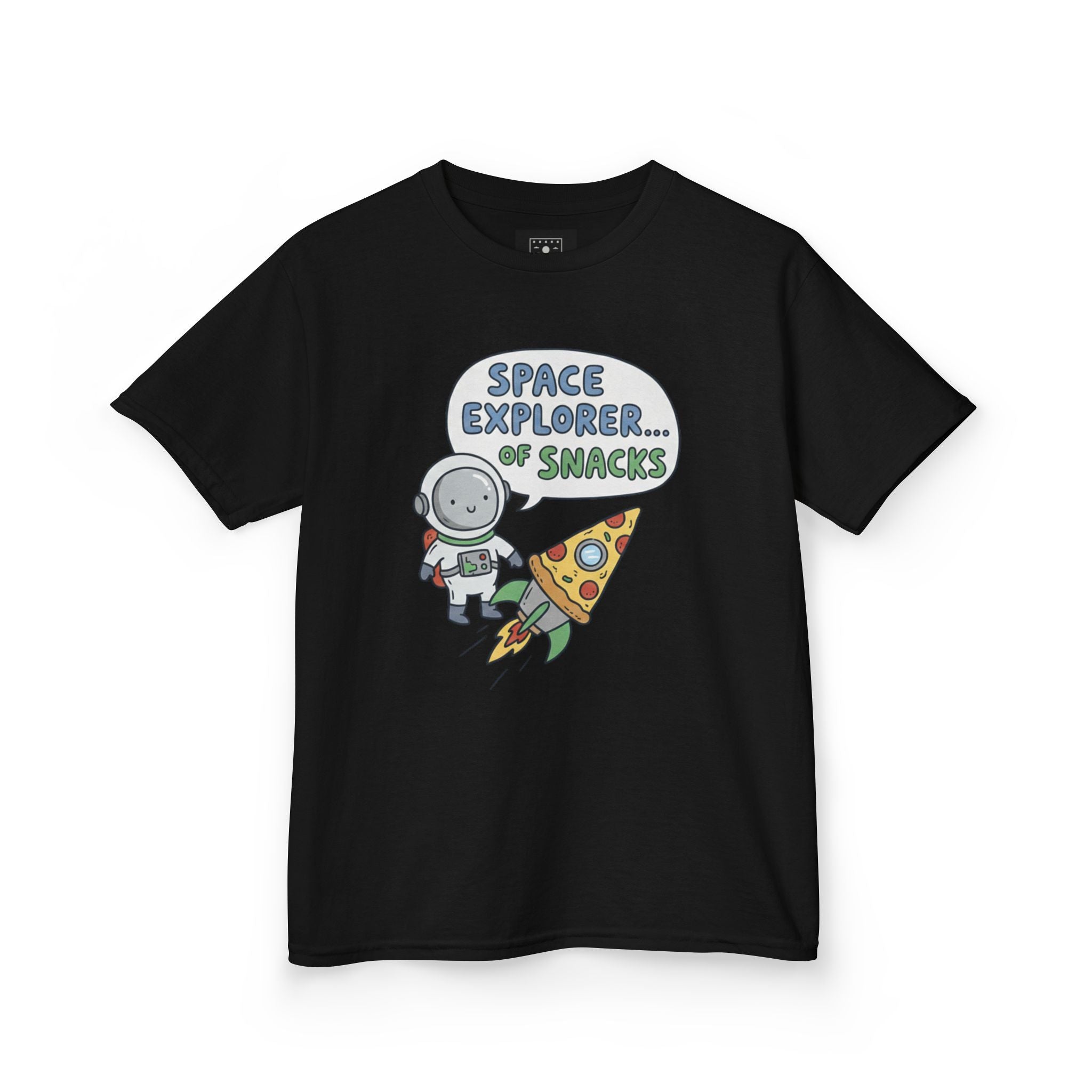 Kids T‑Shirt — "Space Explorer... Snacks" Astronaut & Pizza Graphic Tee