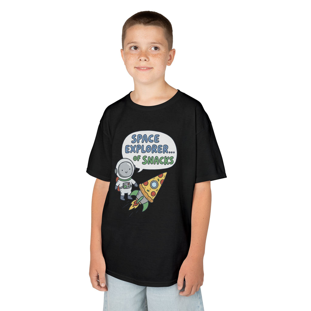 Kids T‑Shirt — "Space Explorer... Snacks" Astronaut & Pizza Graphic Tee