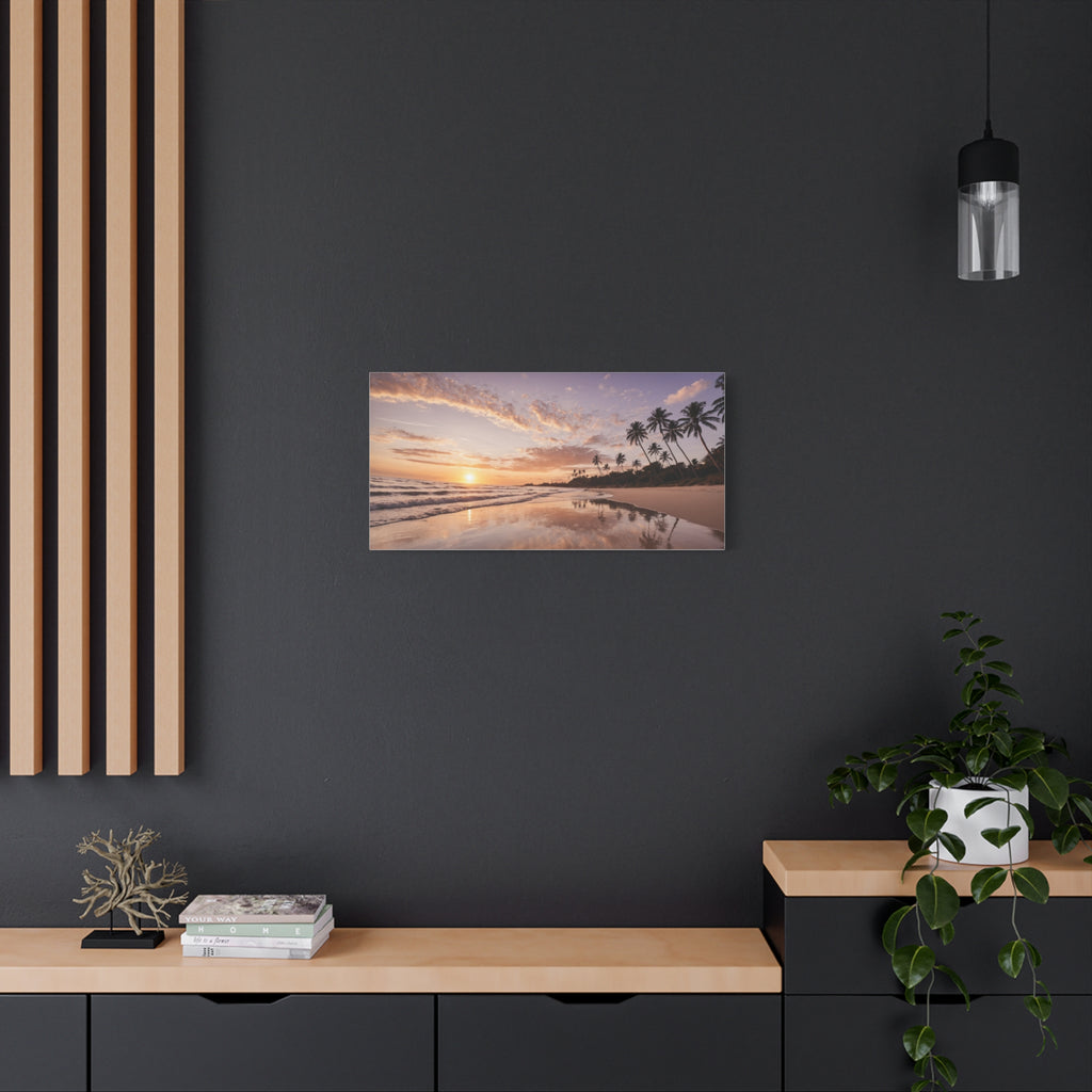 Beach Sunset Serenity – Tropical Ocean Waves & Palm Trees Poster Print, Coastal Sunset Wall Art