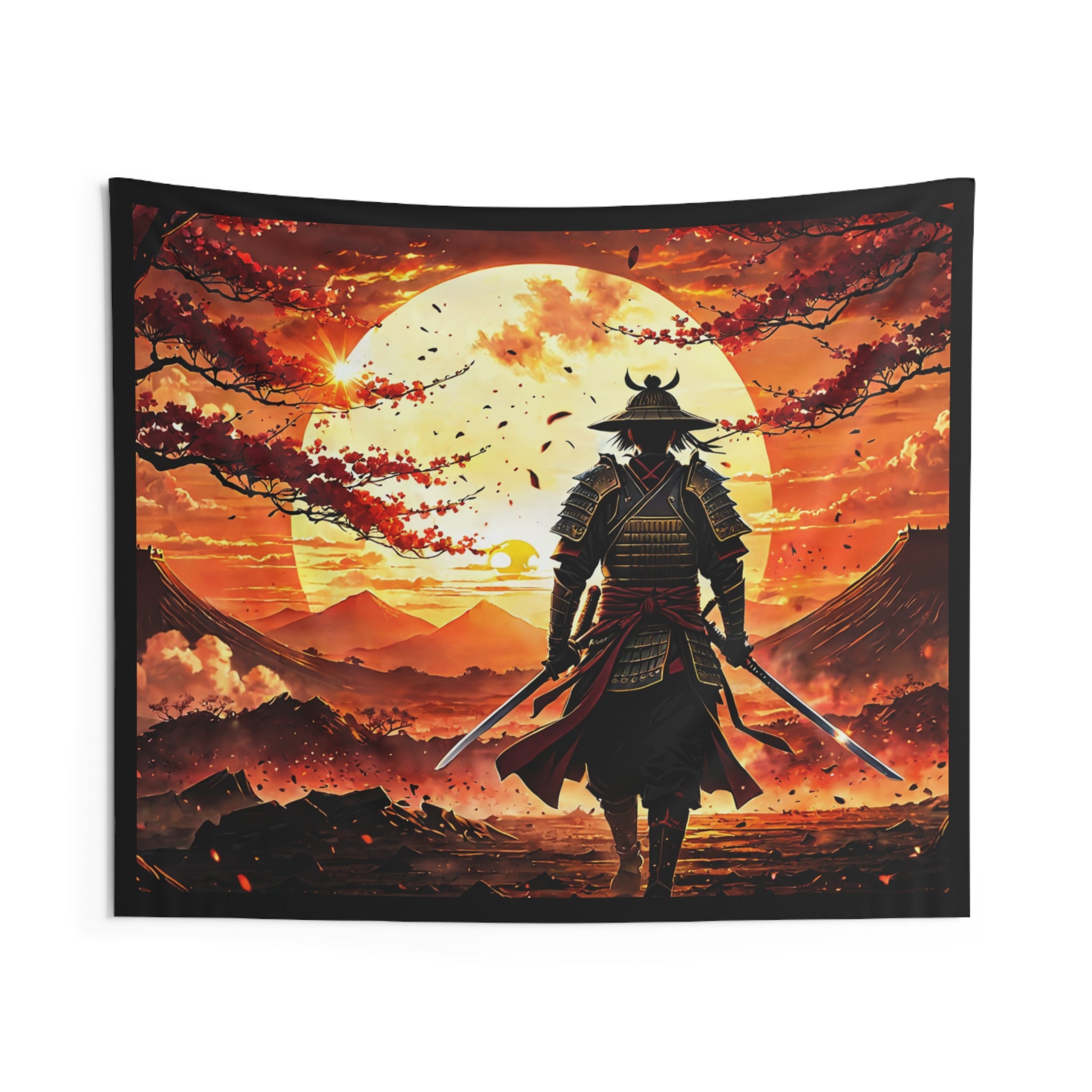 Samurai Sunset Tapestry – Epic Japanese Warrior Wall Hanging, Anime Art Home Decor