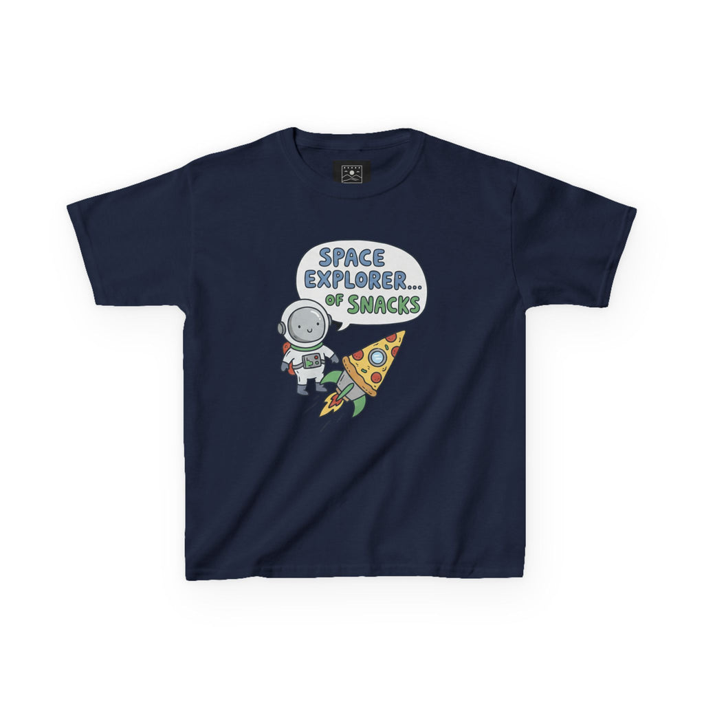 Kids T‑Shirt — "Space Explorer... Snacks" Astronaut & Pizza Graphic Tee