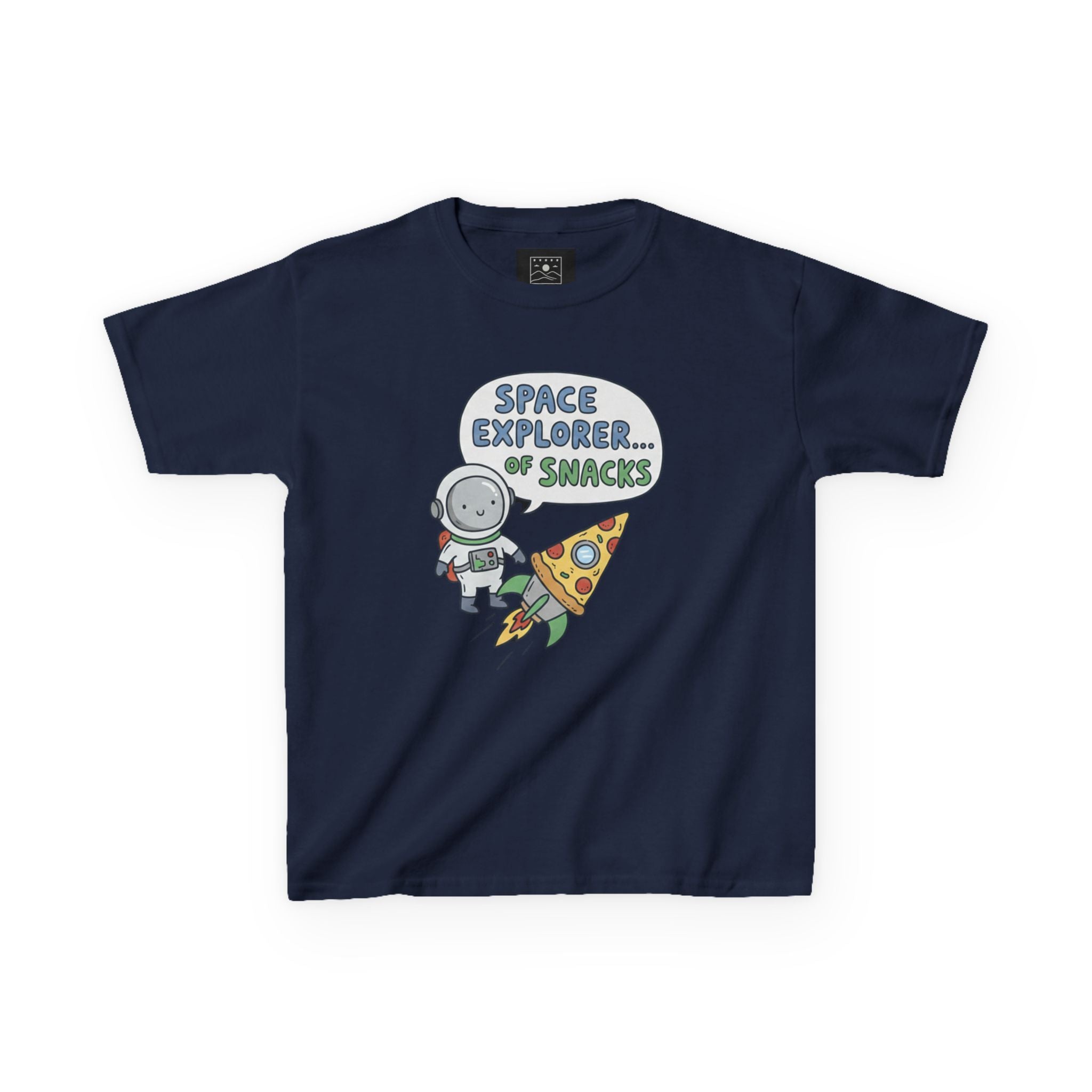 Kids T‑Shirt — "Space Explorer... Snacks" Astronaut & Pizza Graphic Tee