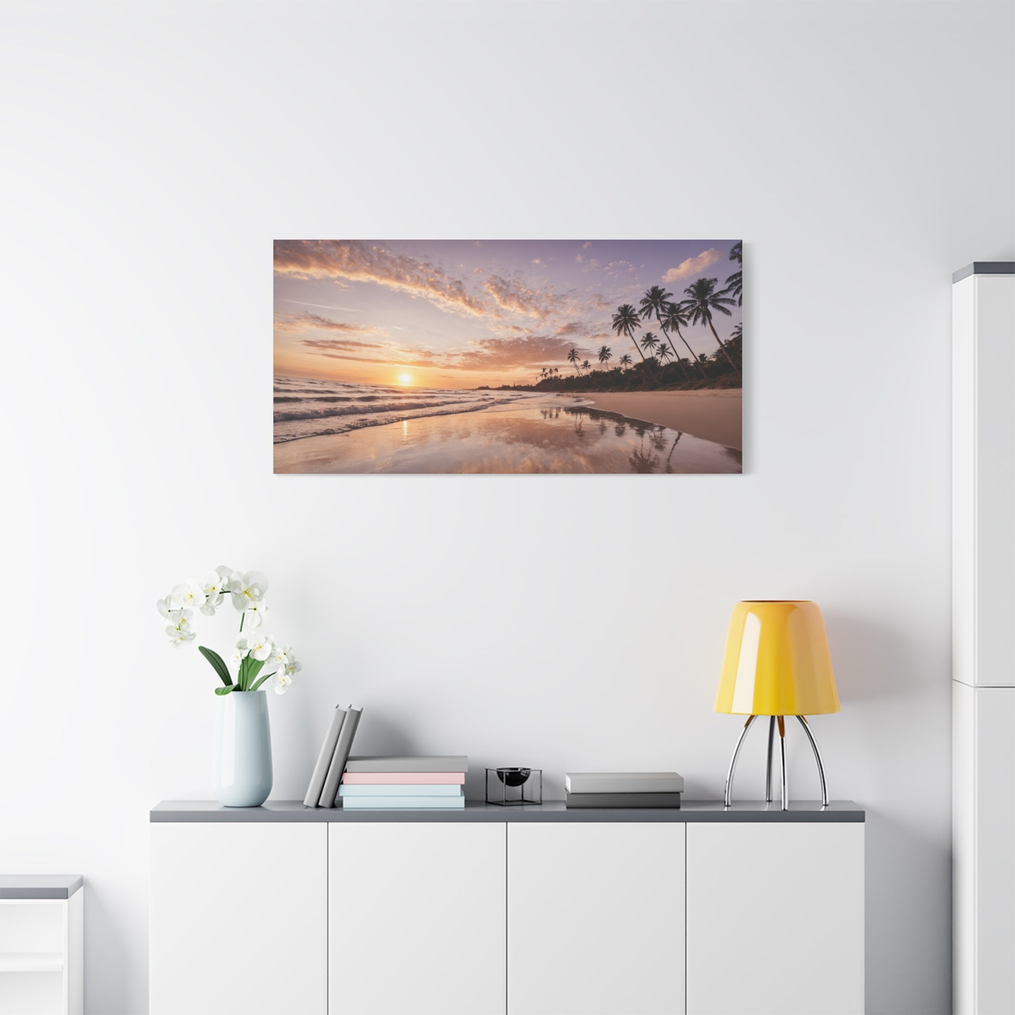 Beach Sunset Serenity – Tropical Ocean Waves & Palm Trees Poster Print, Coastal Sunset Wall Art
