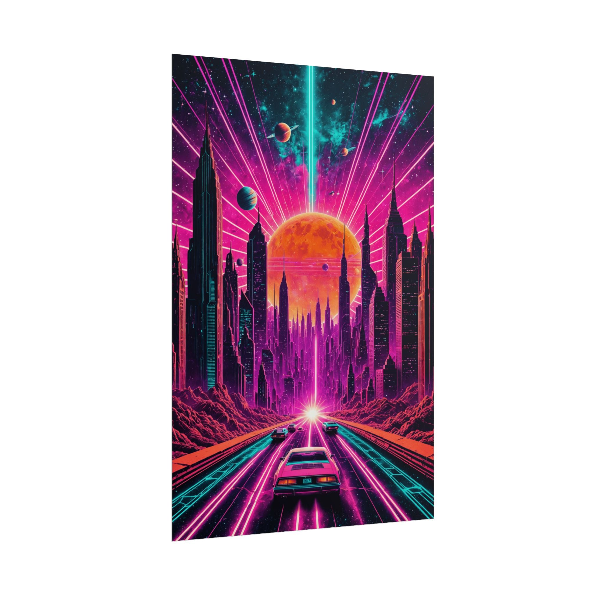Retro Neon City Drive – Synthwave Cyberpunk Poster, Vaporwave Sci-Fi Wall Art Print