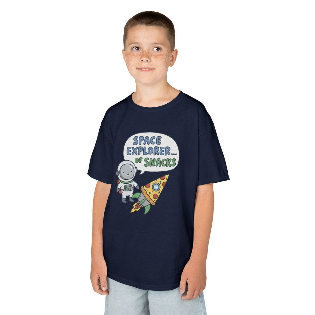 Kids T‑Shirt — "Space Explorer... Snacks" Astronaut & Pizza Graphic Tee