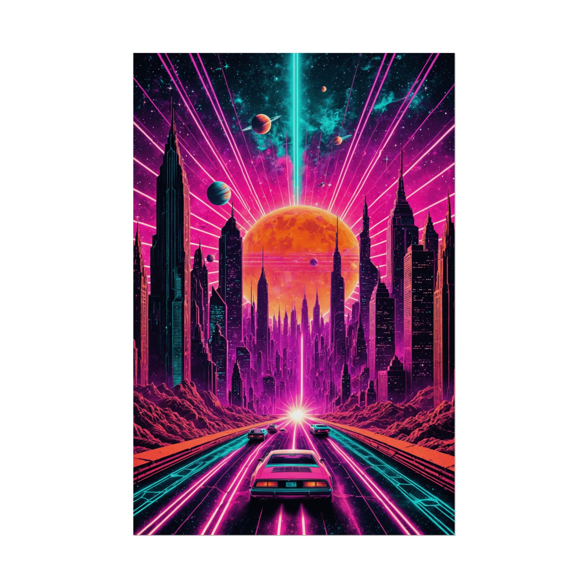 Retro Neon City Drive – Synthwave Cyberpunk Poster, Vaporwave Sci-Fi Wall Art Print