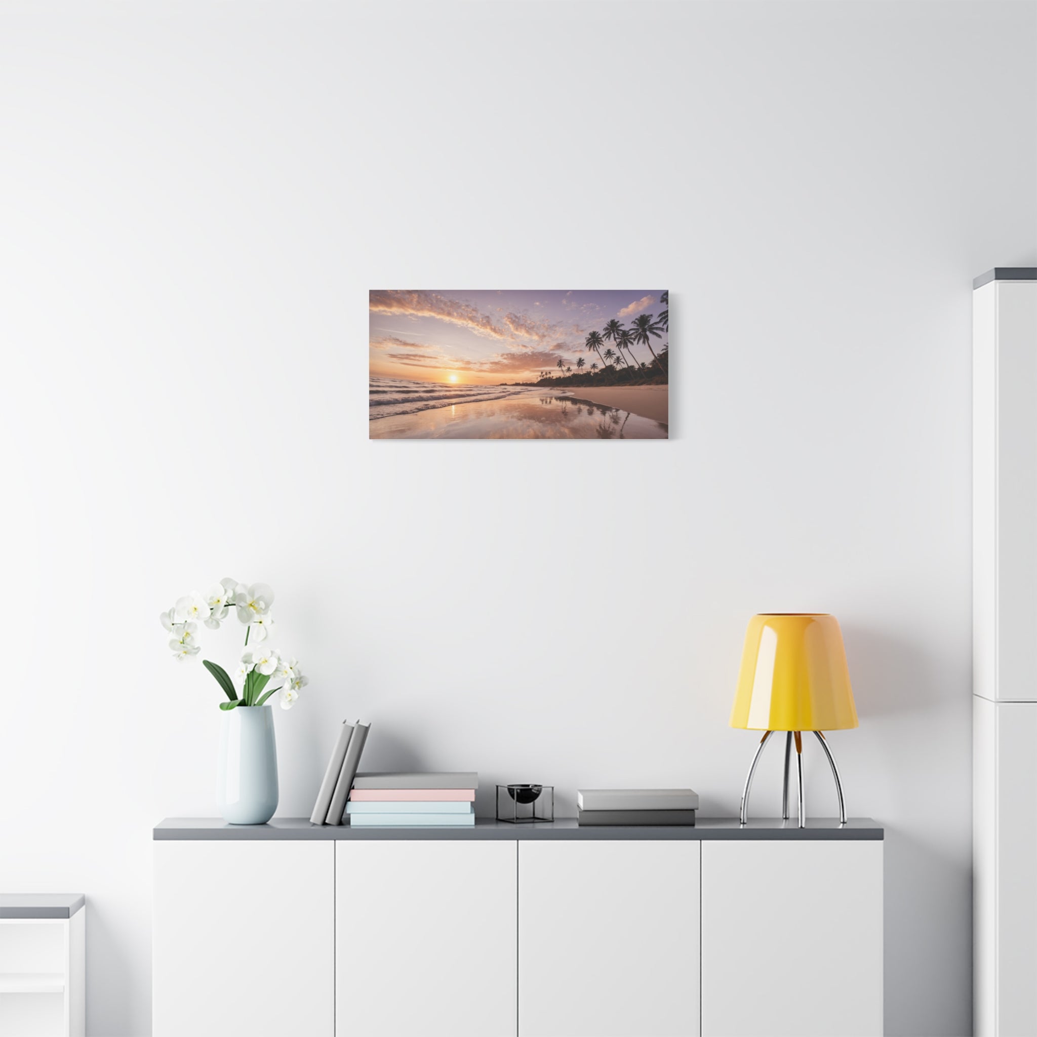 Beach Sunset Serenity – Tropical Ocean Waves & Palm Trees Poster Print, Coastal Sunset Wall Art