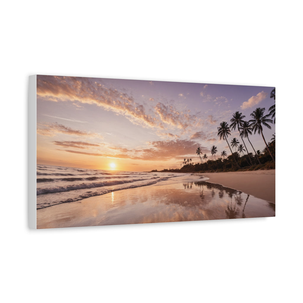 Beach Sunset Serenity – Tropical Ocean Waves & Palm Trees Poster Print, Coastal Sunset Wall Art