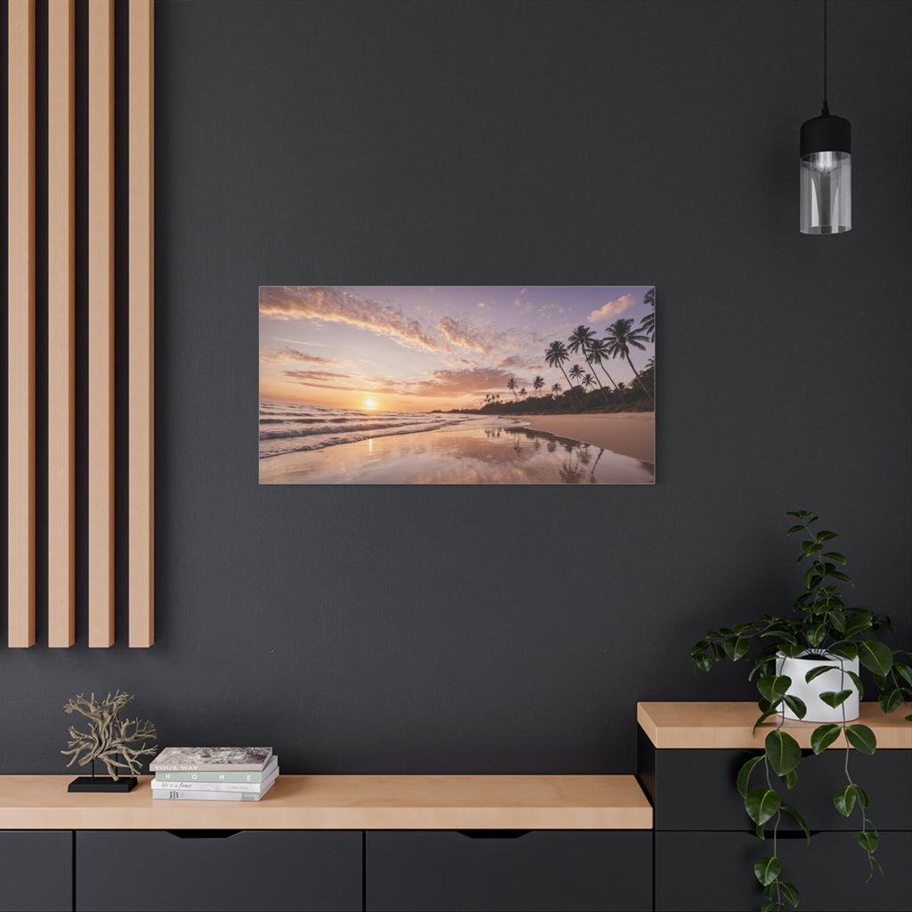 Beach Sunset Serenity – Tropical Ocean Waves & Palm Trees Poster Print, Coastal Sunset Wall Art
