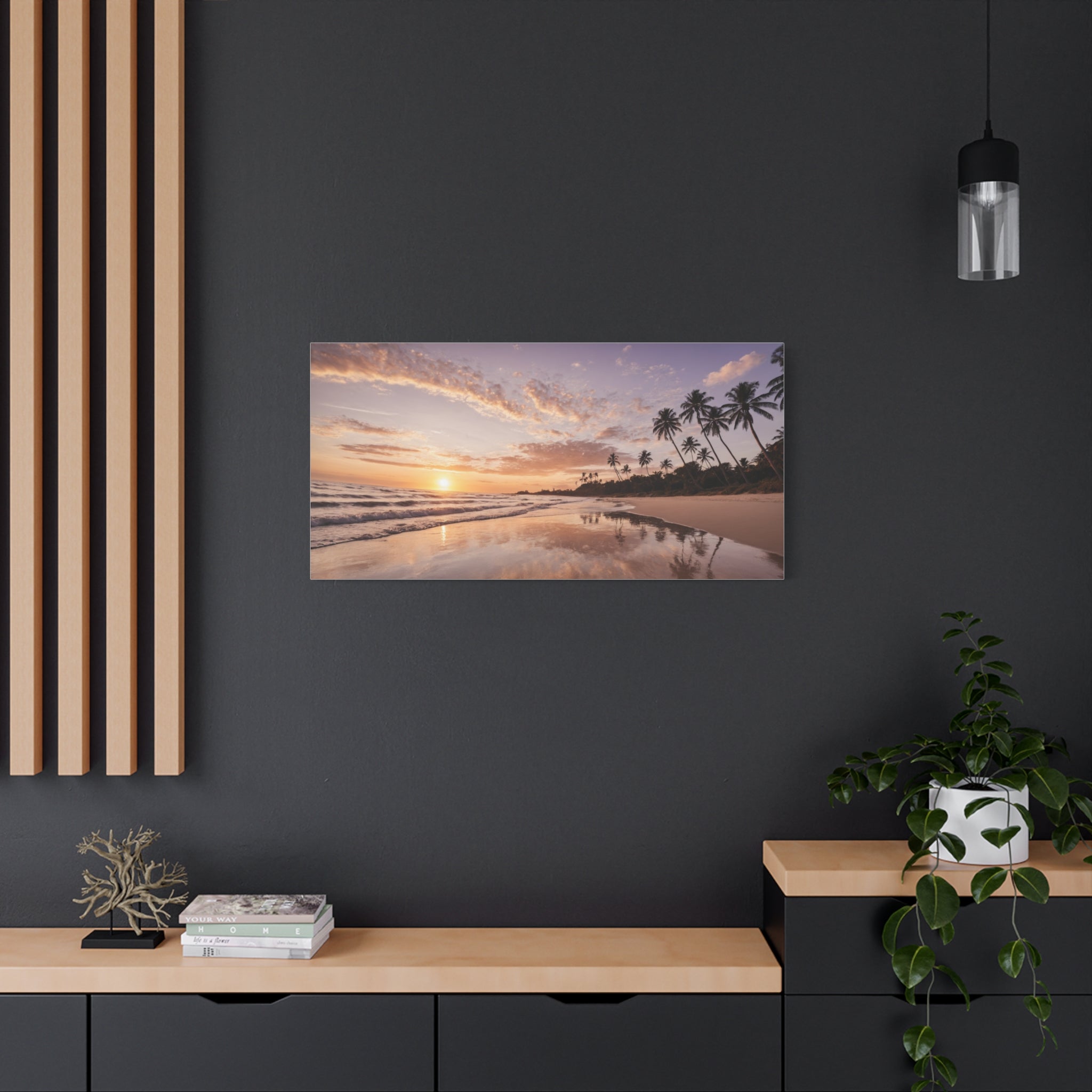 Beach Sunset Serenity – Tropical Ocean Waves & Palm Trees Poster Print, Coastal Sunset Wall Art