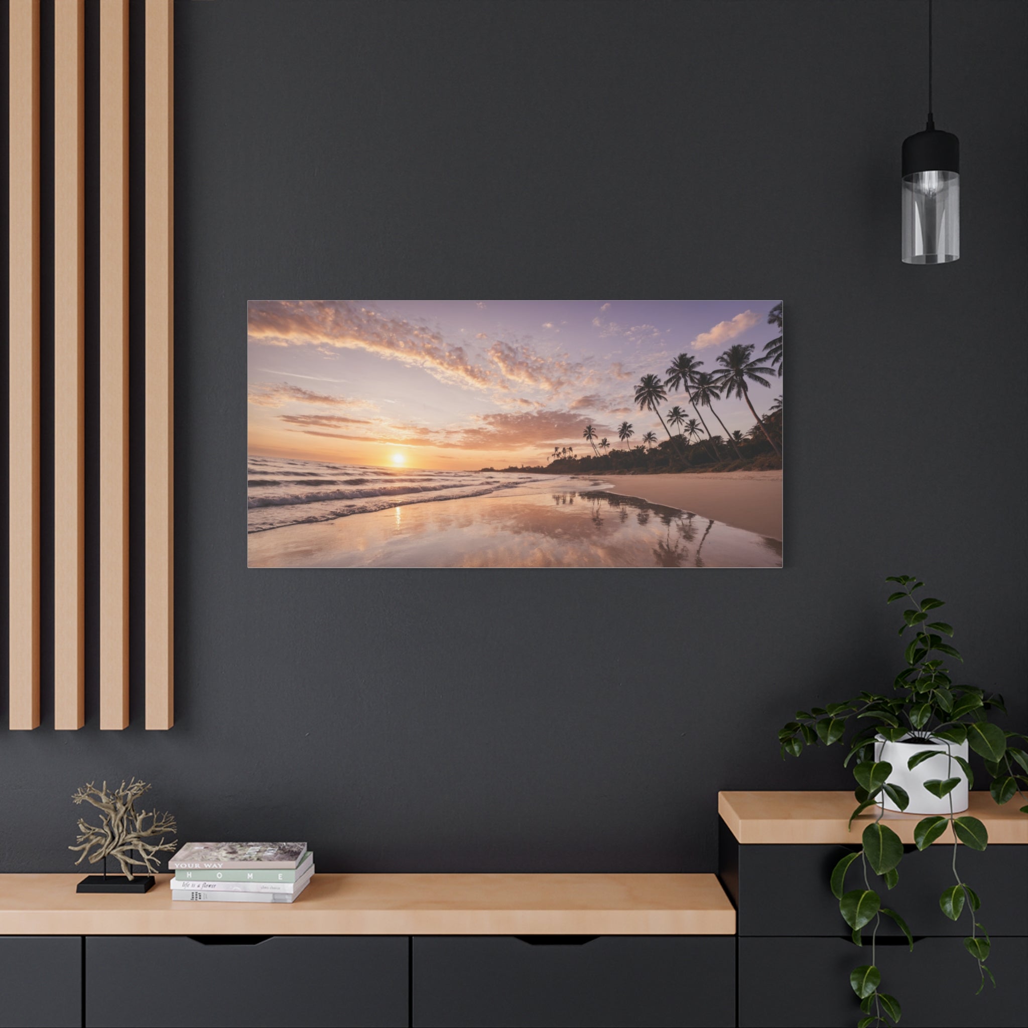 Beach Sunset Serenity – Tropical Ocean Waves & Palm Trees Poster Print, Coastal Sunset Wall Art