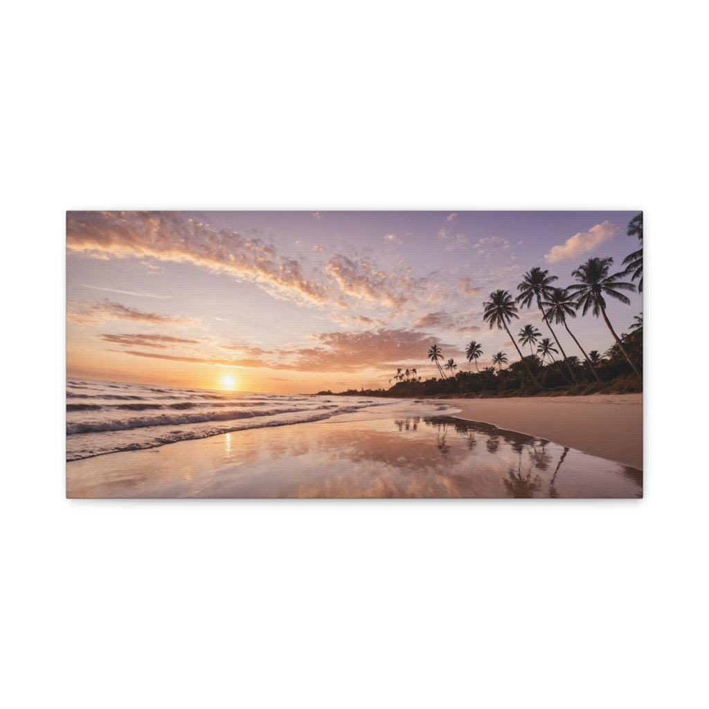 Beach Sunset Serenity – Tropical Ocean Waves & Palm Trees Poster Print, Coastal Sunset Wall Art