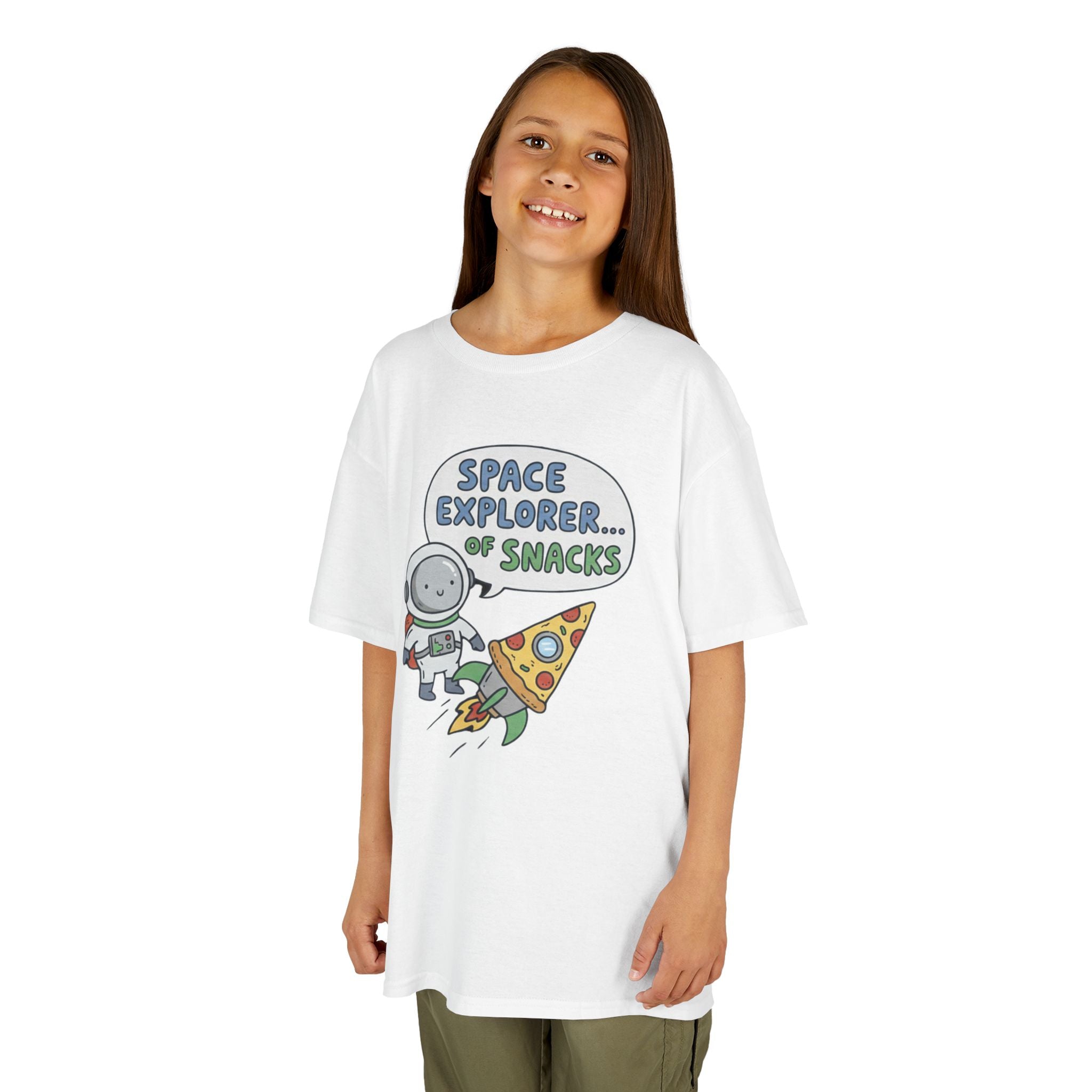 Kids T‑Shirt — "Space Explorer... Snacks" Astronaut & Pizza Graphic Tee