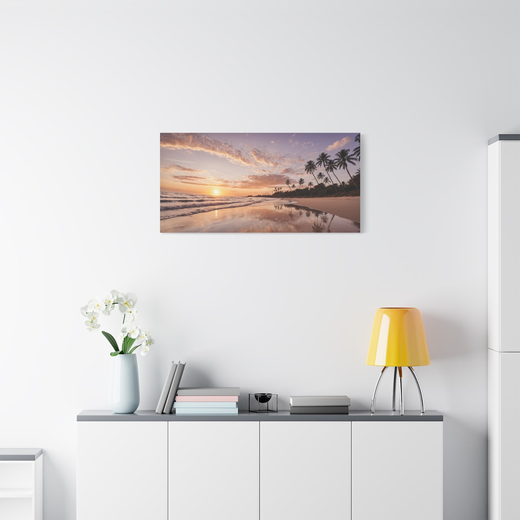 Beach Sunset Serenity – Tropical Ocean Waves & Palm Trees Poster Print, Coastal Sunset Wall Art