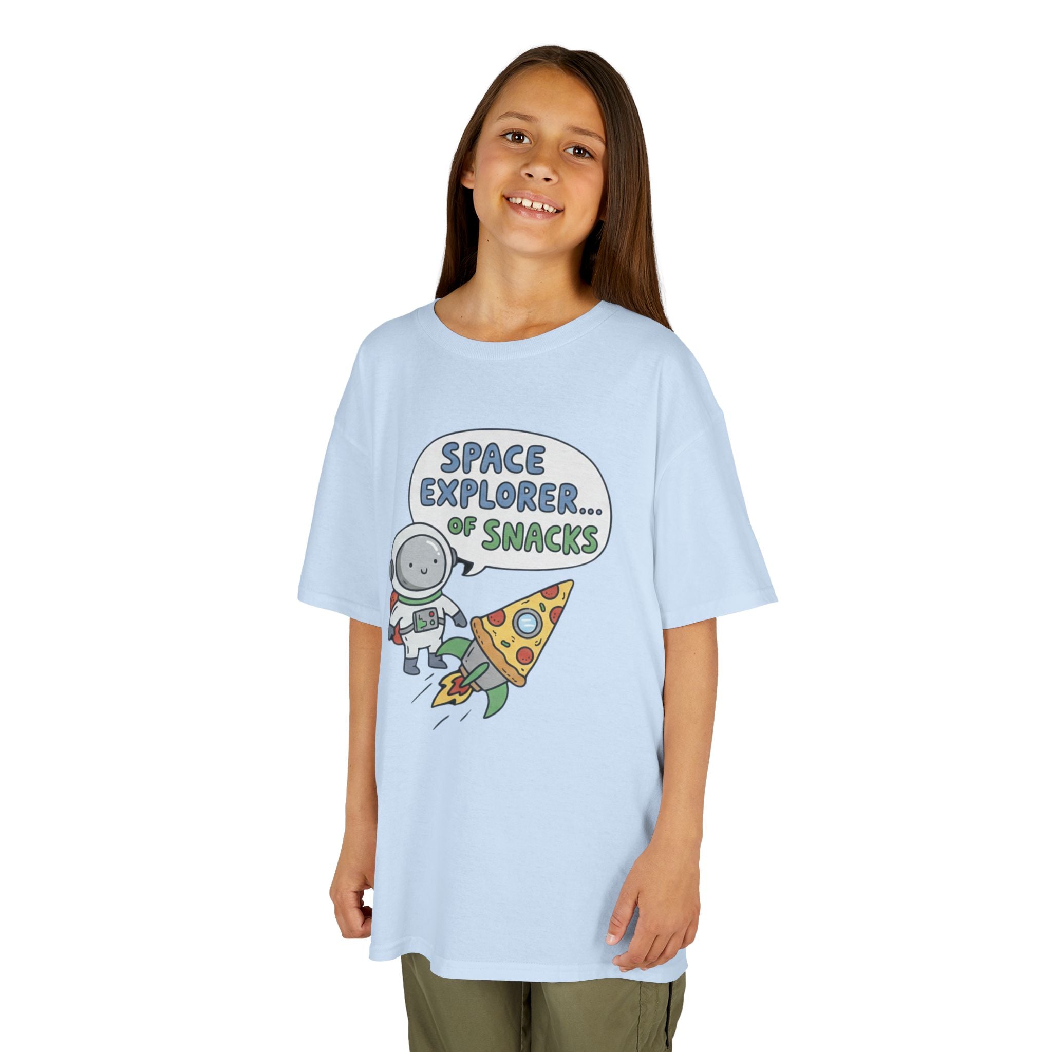 Kids T‑Shirt — "Space Explorer... Snacks" Astronaut & Pizza Graphic Tee